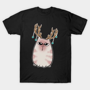 Angry Christmas Cat Reindeer Antlers T-Shirt